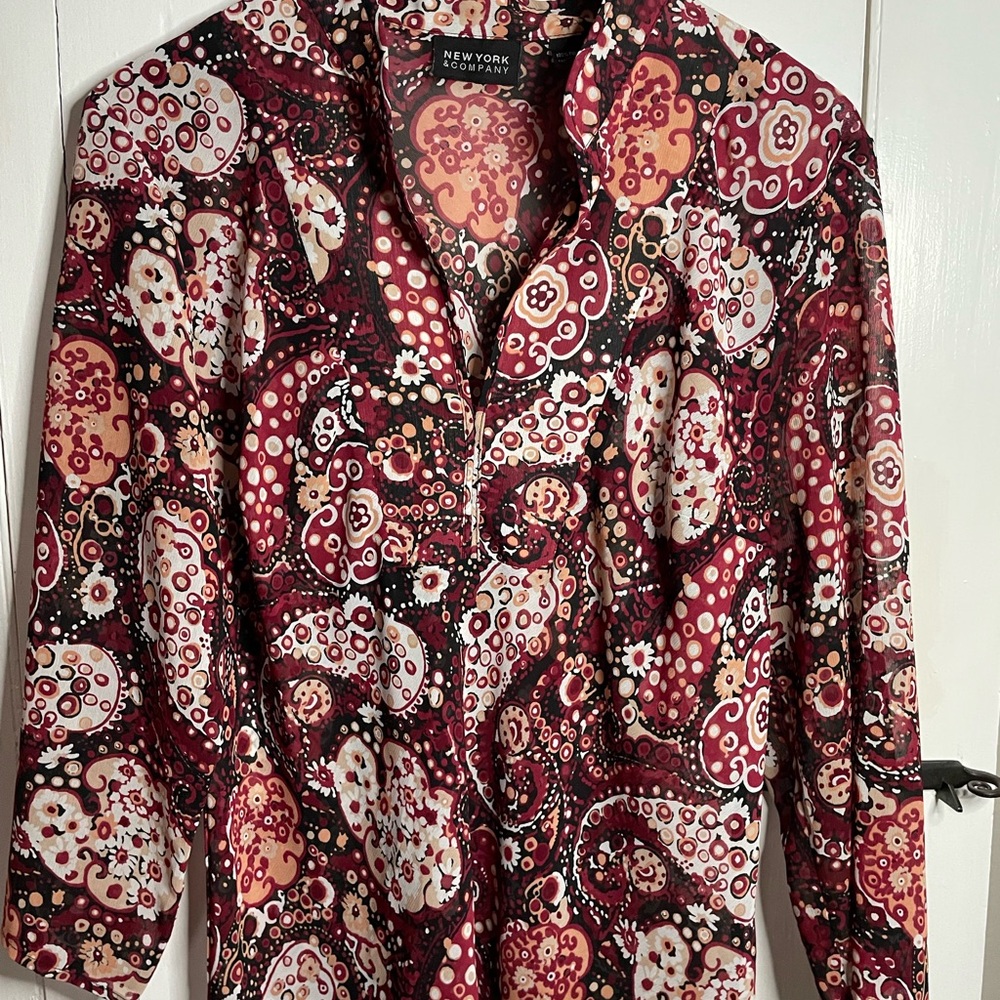 New York & Co Women's Burgundy Paisley Pull Over Mandarin Collar Sheer Blouse
